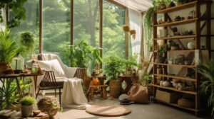 Cosy sunroom with lush plants and rustic decor.