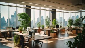 Modern office space with city skyline view and plants