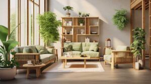 Stylish living room with green sofas and indoor plants.