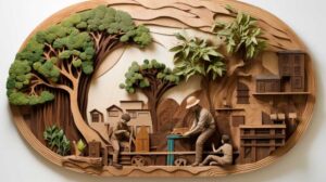 Intricate wooden relief carving depicting village life scene.