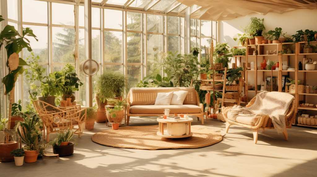 Sunlit conservatory with plants and rattan furniture.