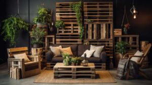 Eco-friendly living room with pallet furniture and plants