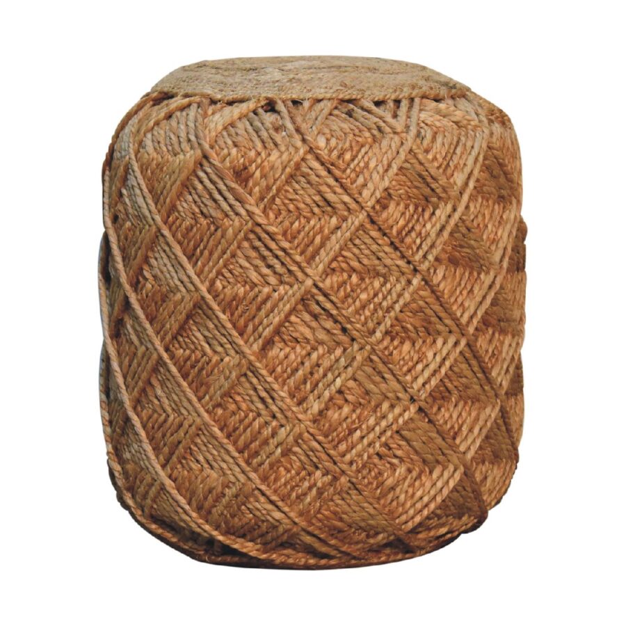 Woven jute pouffe on white background.