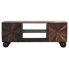 Wooden TV stand with starburst pattern and storage compartments.