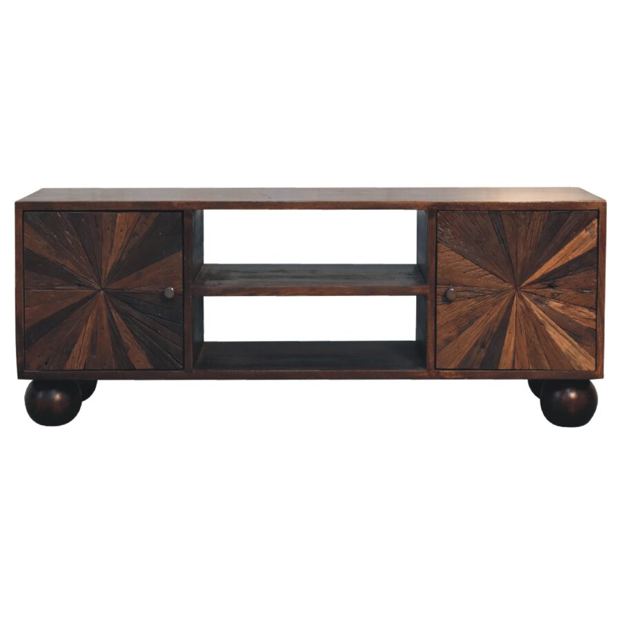 Wooden TV stand with starburst pattern and storage compartments.