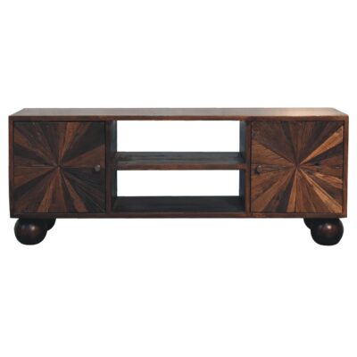 Wooden coffee table with storage compartments and wheels.