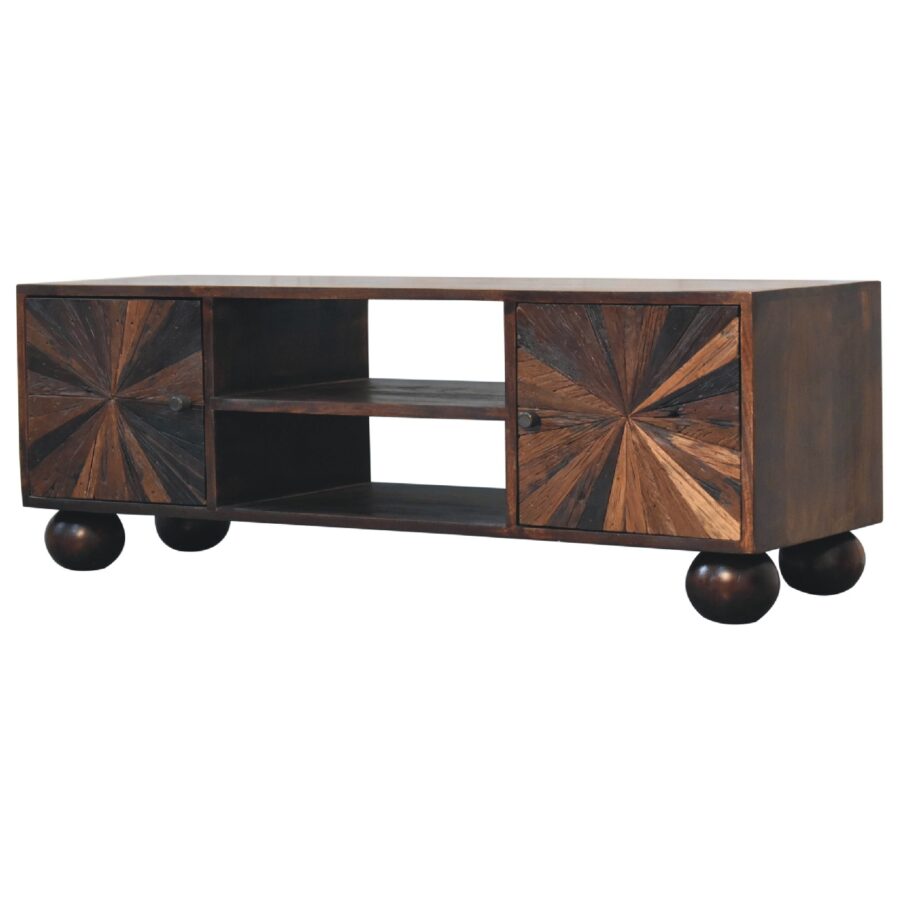 Wooden starburst-design TV stand with spherical feet.