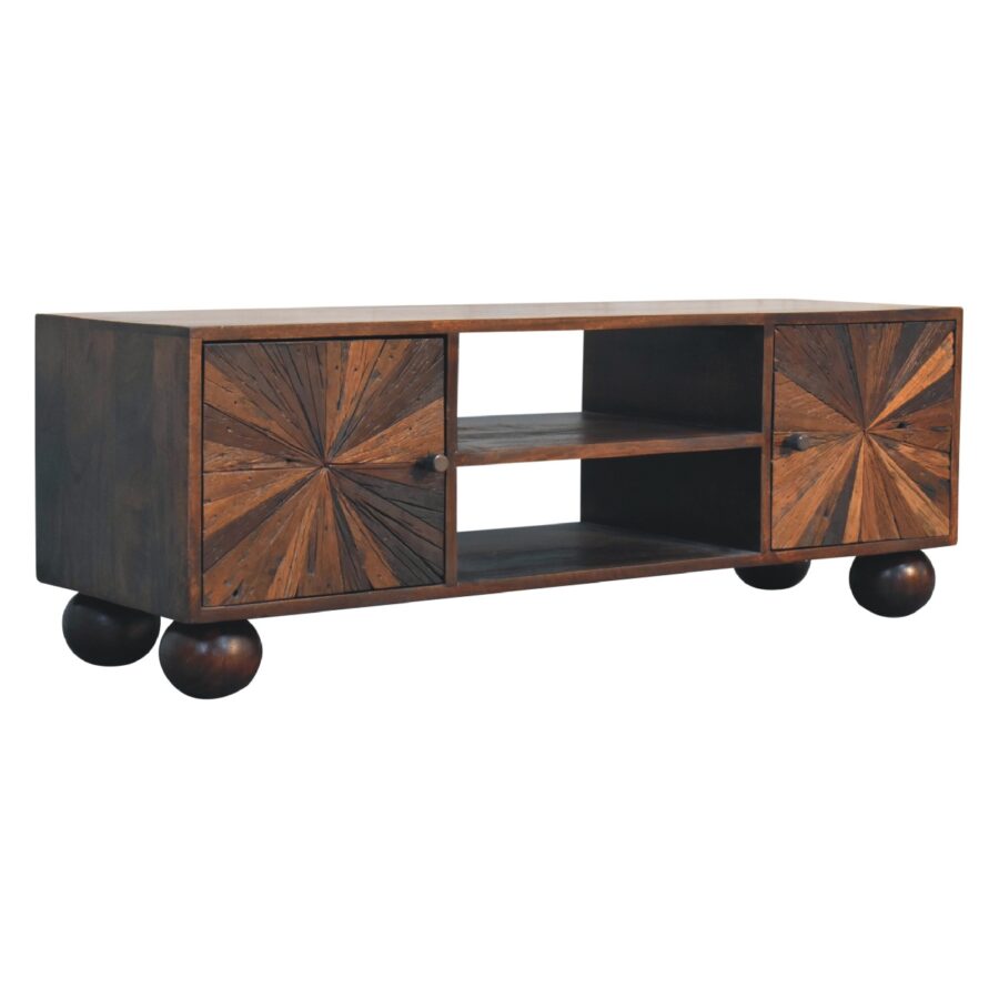 Wooden TV stand with starburst patterned cabinet doors.