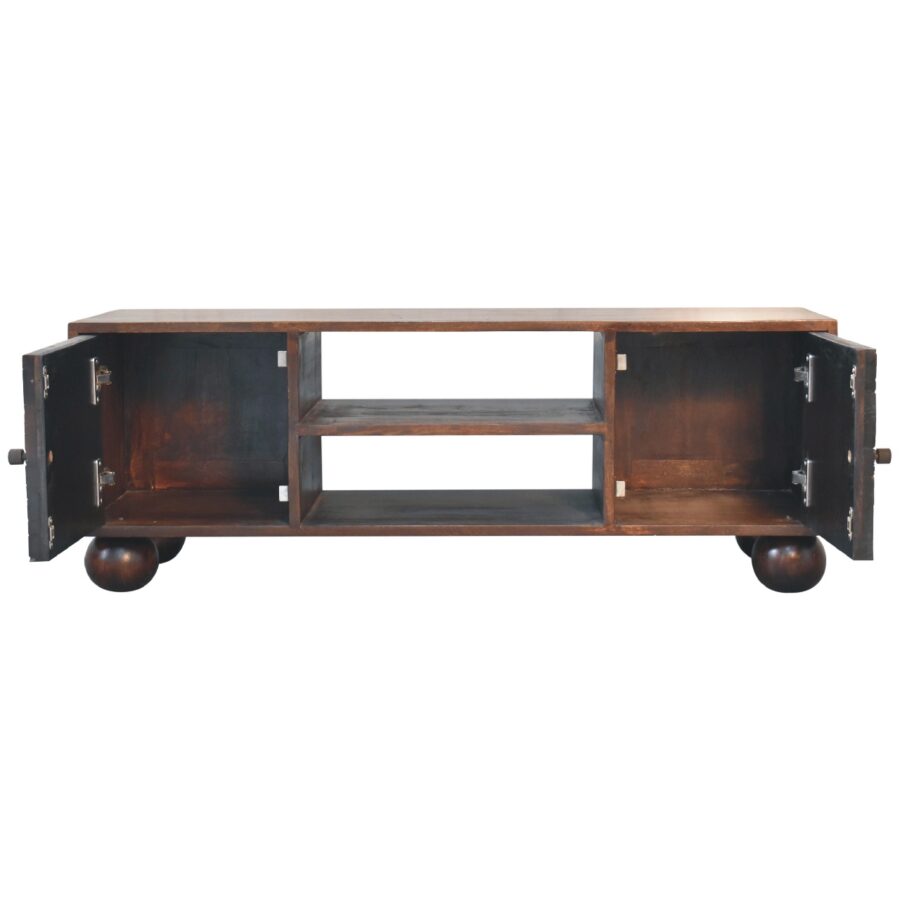 Vintage wooden TV stand with open shelves and casters.