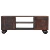 Wooden TV stand with storage compartments on white background.