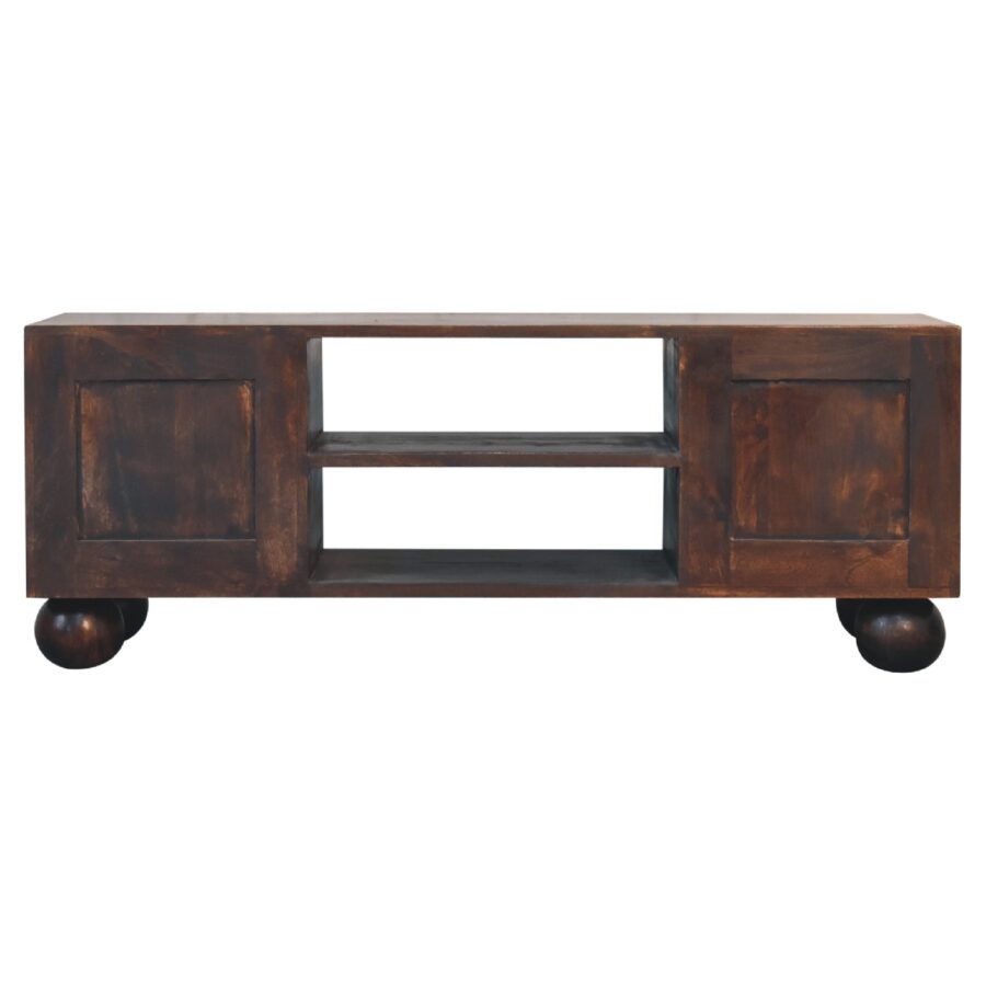 Wooden TV stand with storage compartments on white background.