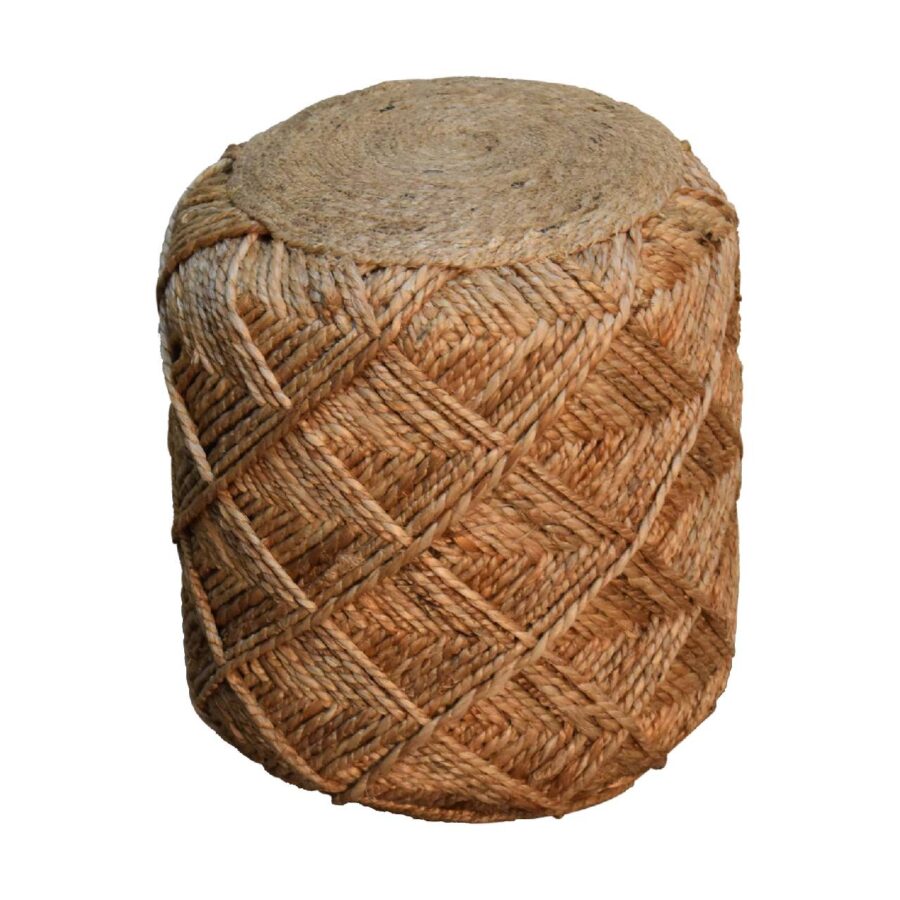 Woven seagrass stool isolated on white background.