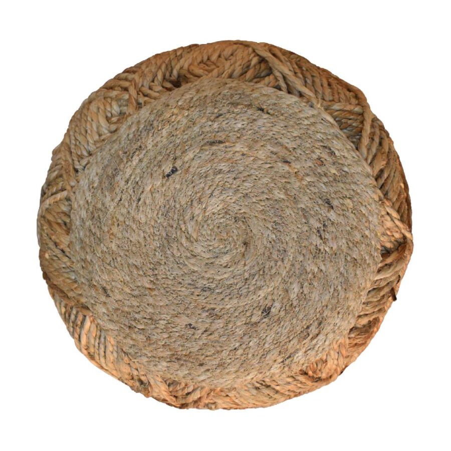 Round woven straw placemat isolated on white background.