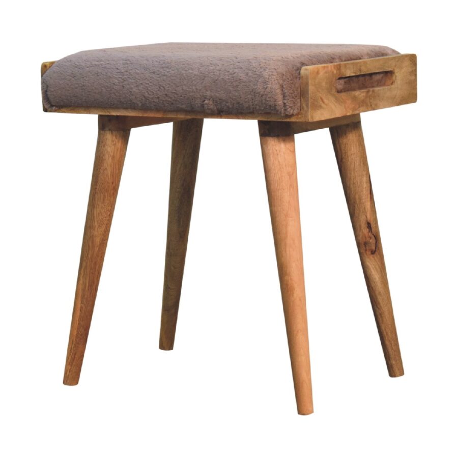 Wooden stool with padded fabric seat on white background.