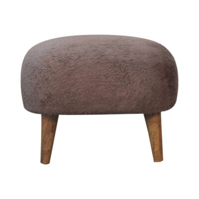 Brown fabric ottoman with wooden legs.