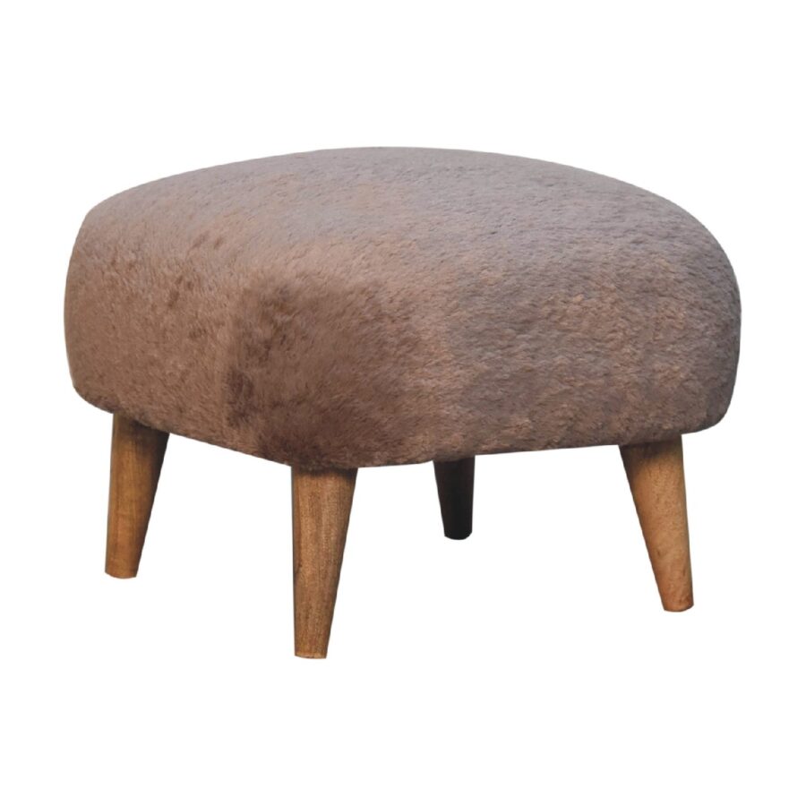 Brown furry ottoman with wooden legs.