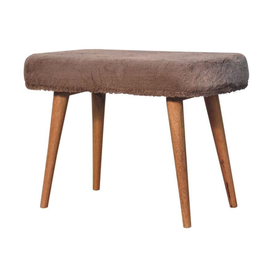 Brown faux fur upholstered wooden stool.