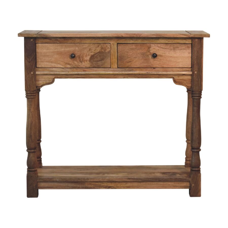 Wooden console table with two drawers on white background.