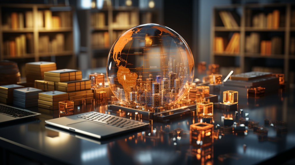 Digital globe with cityscape on reflective surface near books.