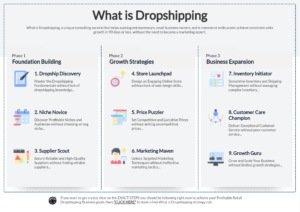 Infografikas skaidrojums dropshipping biznesa stratēģijas fāzes.