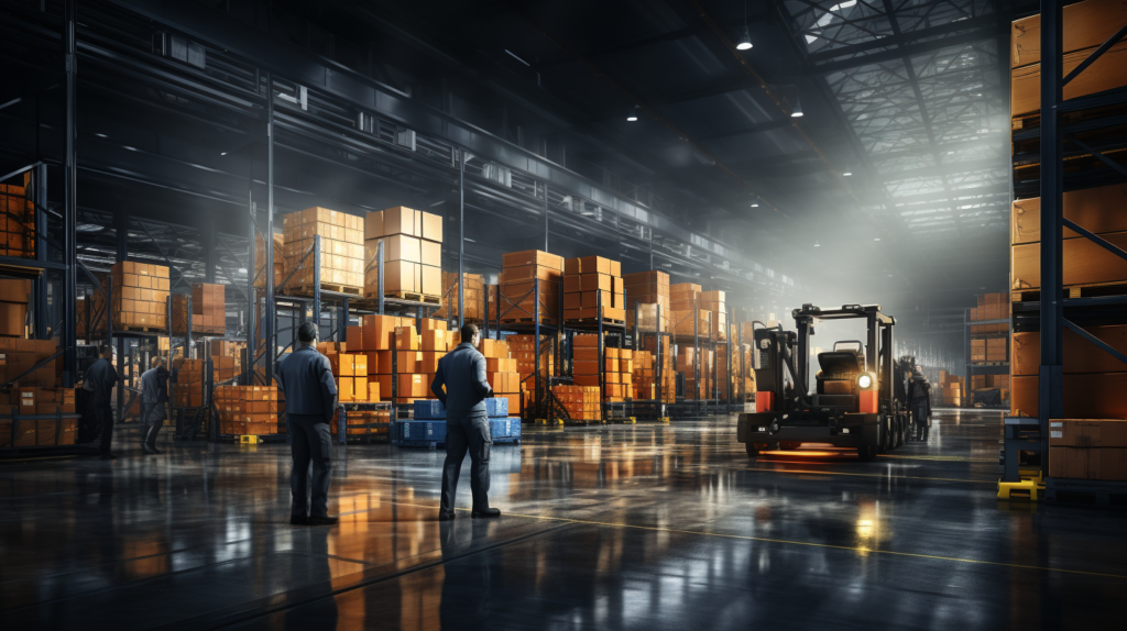 Warehouse interior with forklift and workers.
