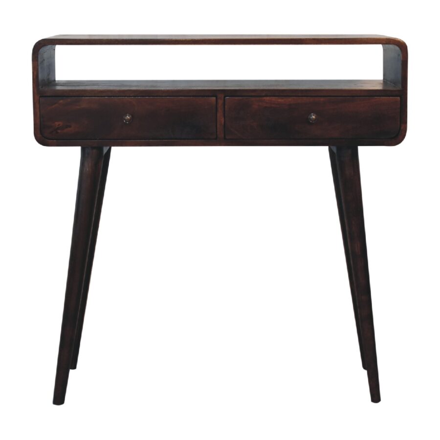 Vintage dřevěný konzolový stůl se zásuvkami na bílém pozadí.