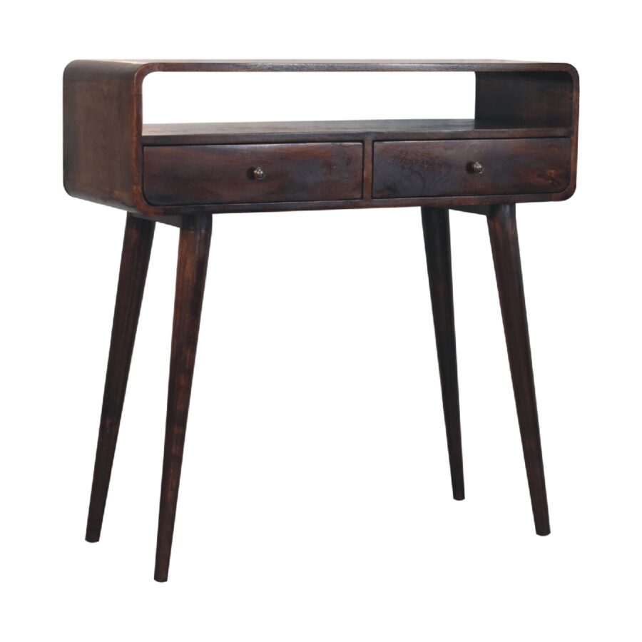 Table console vintage en bois avec tiroirs.