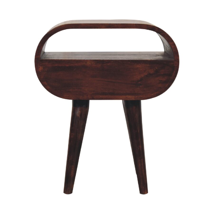 Vintage wooden bedside table with curved top.