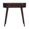 Round wooden console table with drawer on white background.