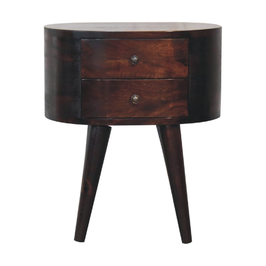 Vintage round wooden bedside table with drawers.