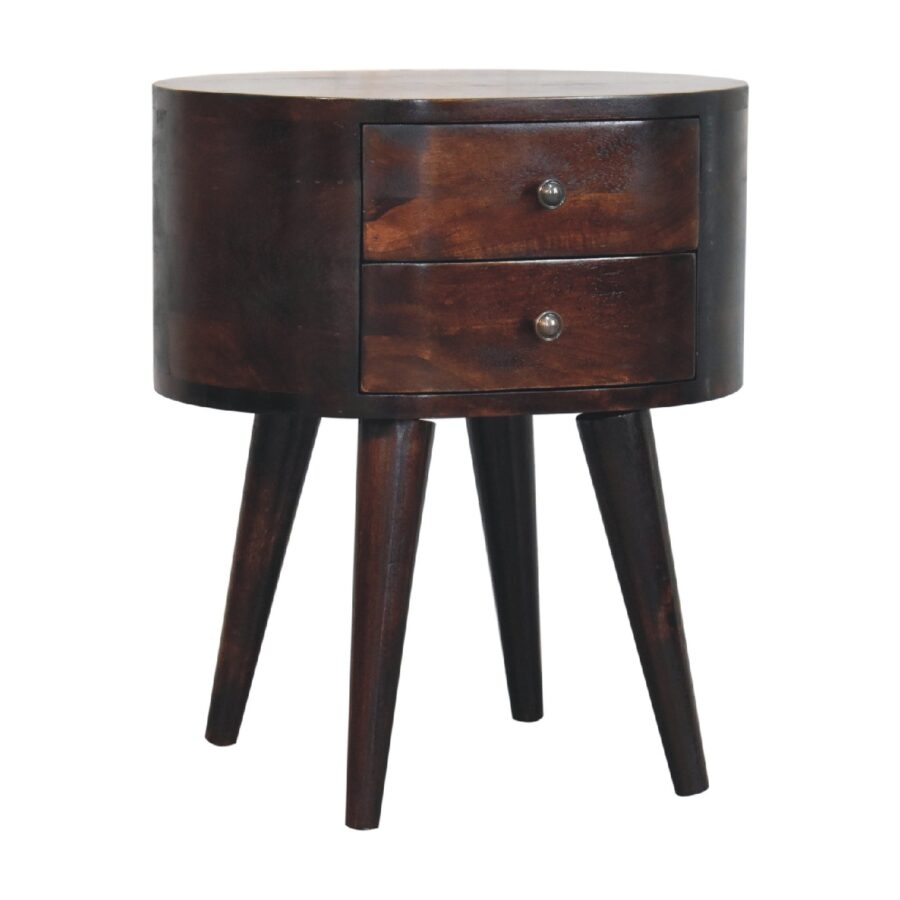 Vintage wooden bedside table with drawers on legs.