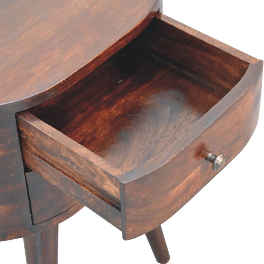 Open wooden oval side table with drawer.