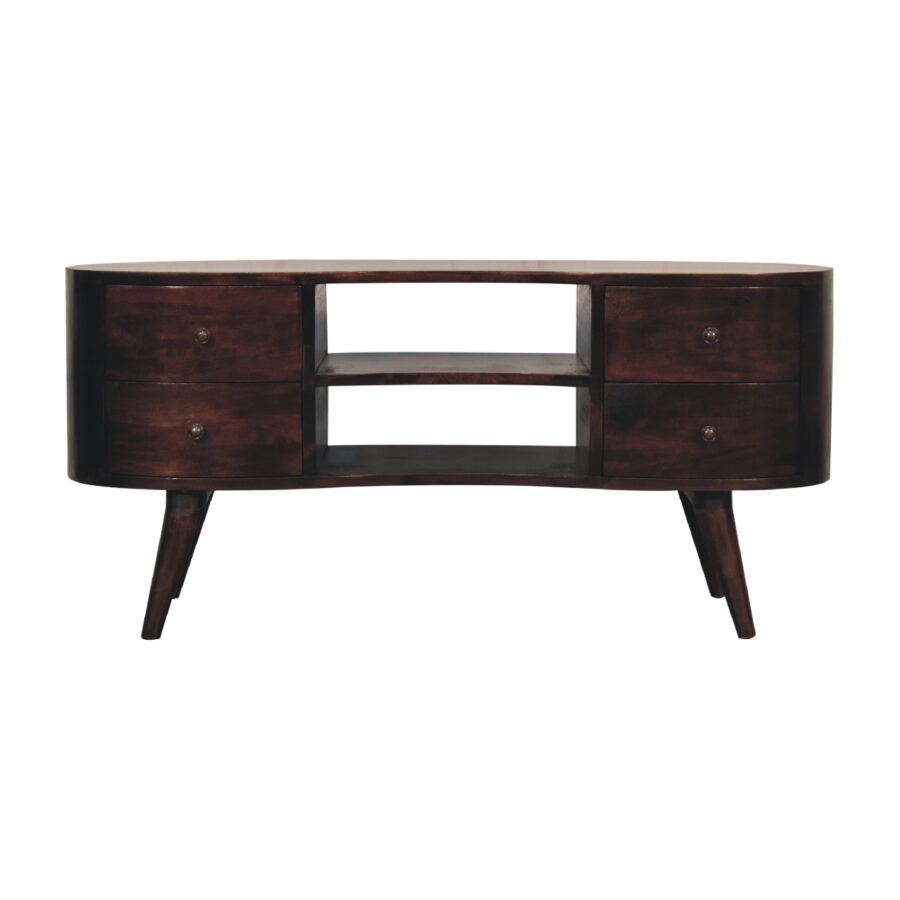 Vintage wooden TV stand with drawers and shelves.