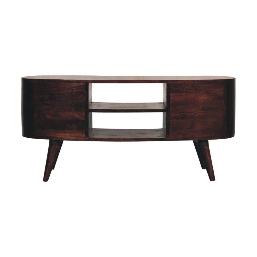 Vintage wooden television stand with storage shelves.