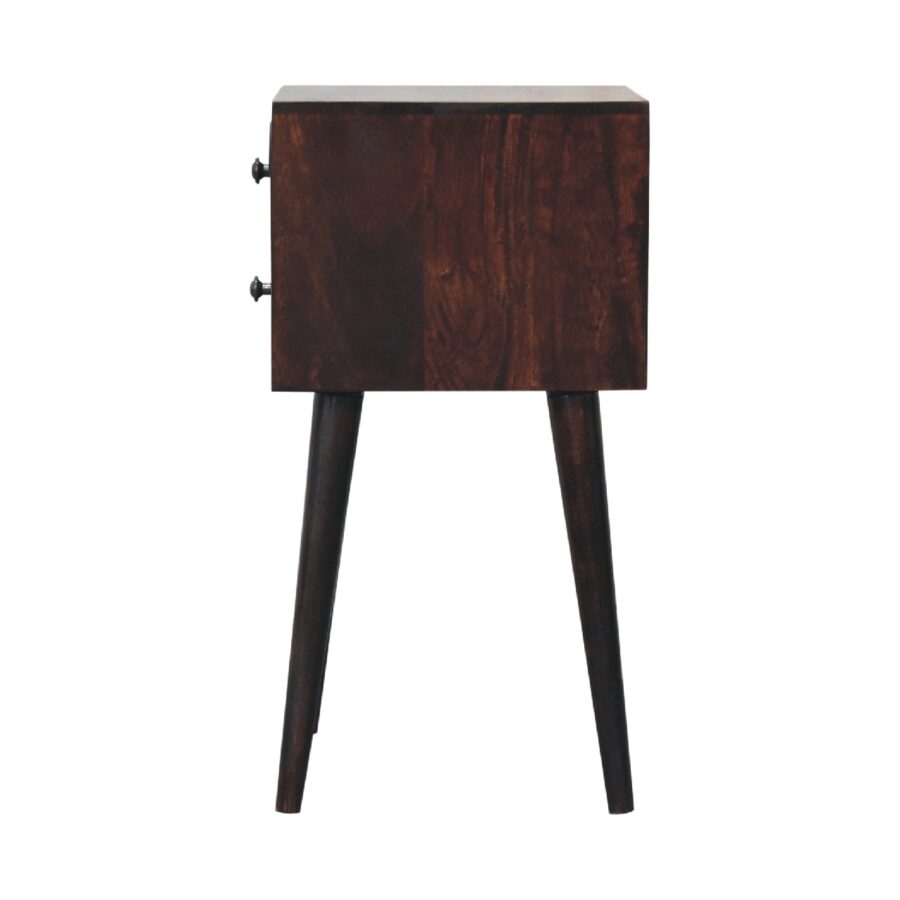 Vintage wooden bedside table with drawers on white background.