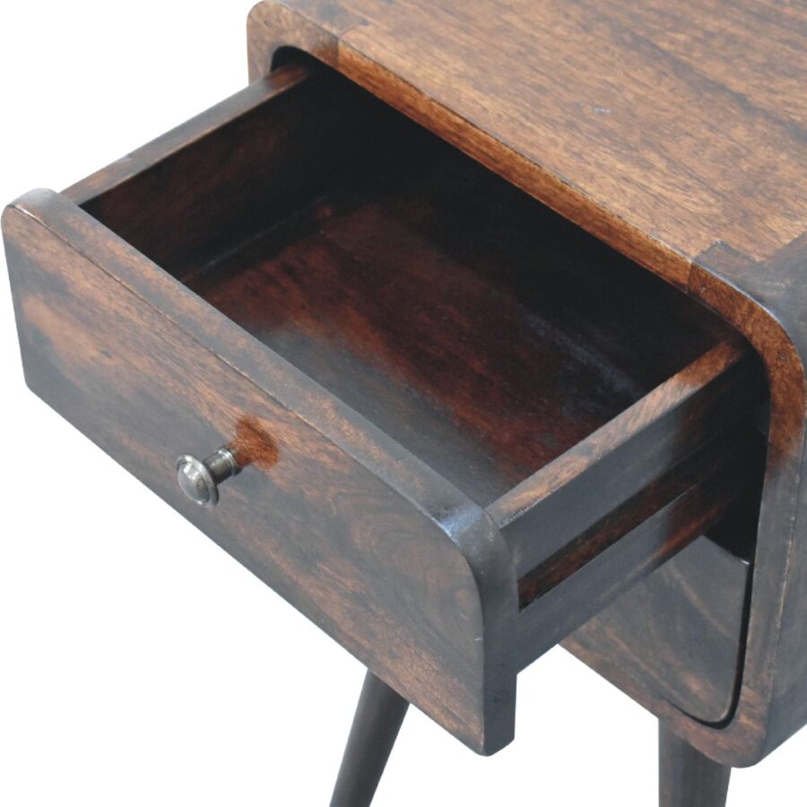 Open wooden side table drawer with knob.