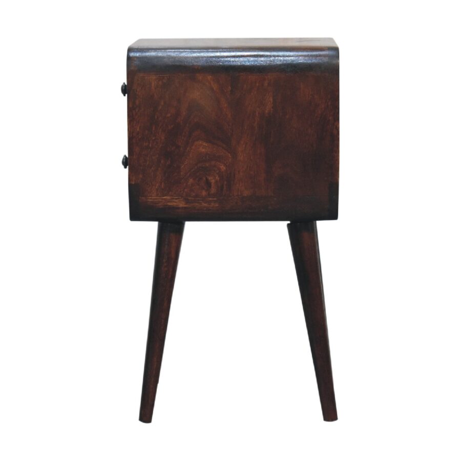 Vintage wooden bedside table on white background.