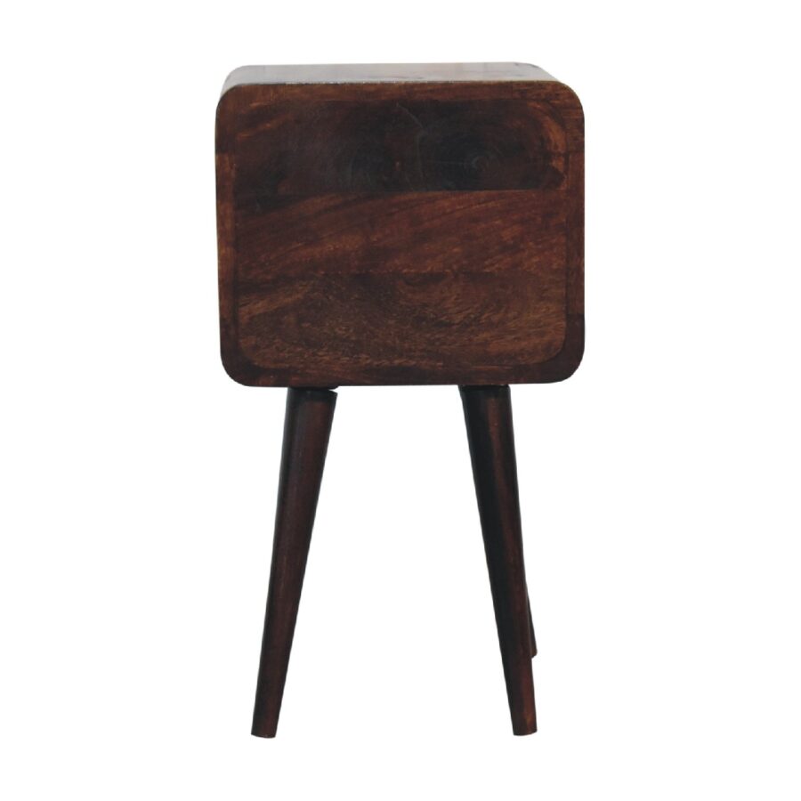 Vintage wooden bedside table on tapered legs.