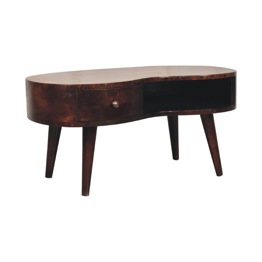 Mesa de centro oval de madeira vintage com gaveta