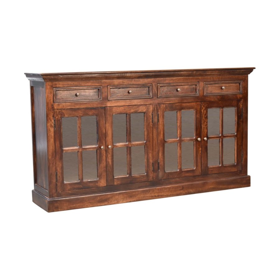 Traditional wooden sideboard with glass panel doors.