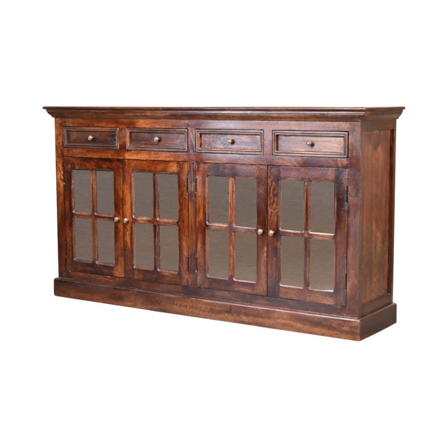 Wooden sideboard with glass doors and drawers.