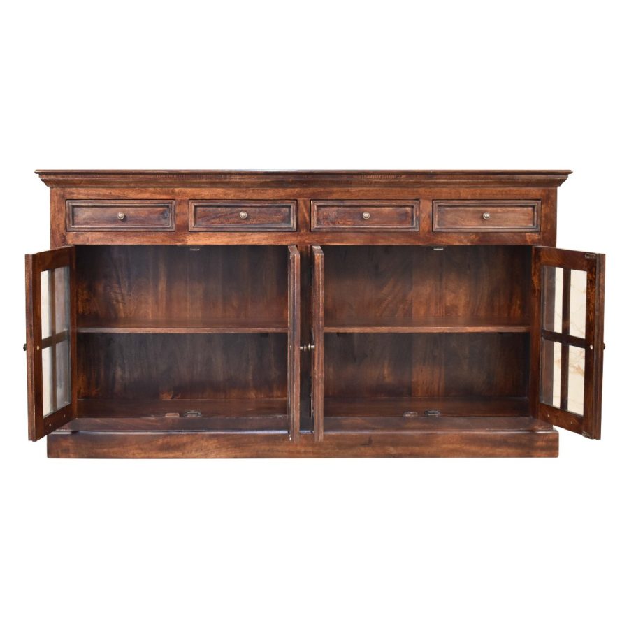 Wooden sideboard with open glass doors and drawers.