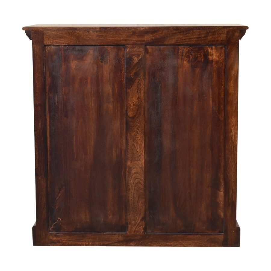 Wooden cabinet with closed doors on white background.