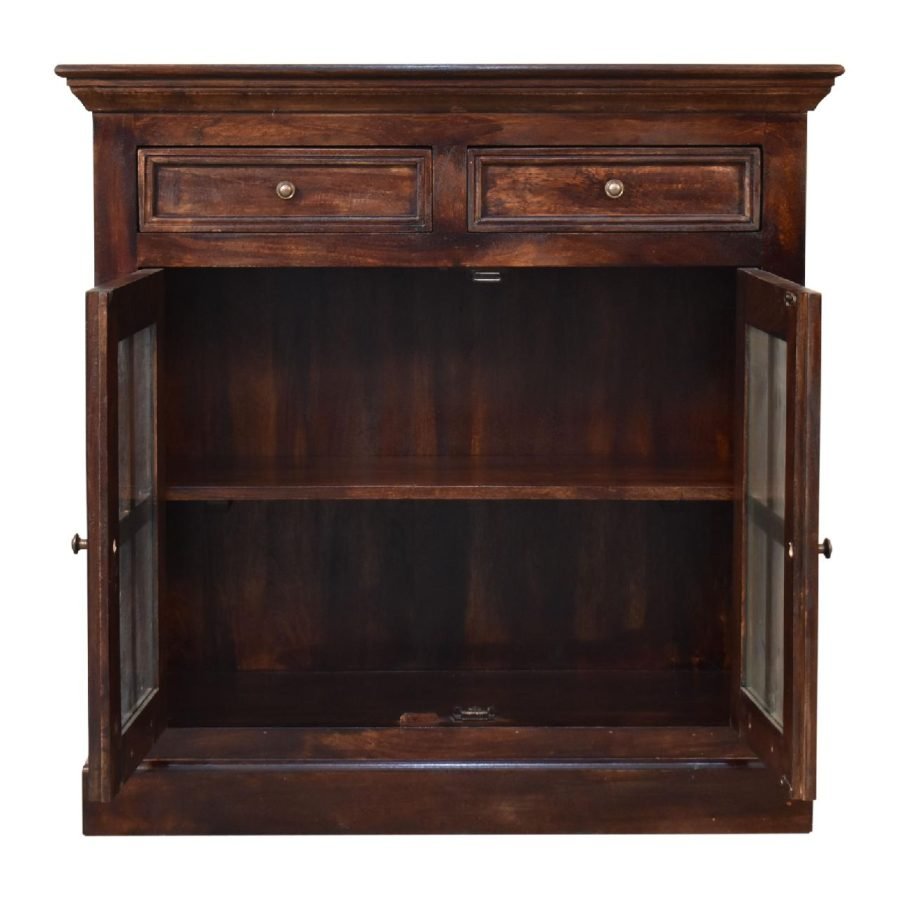 Antique wooden cabinet with open door and empty shelves.