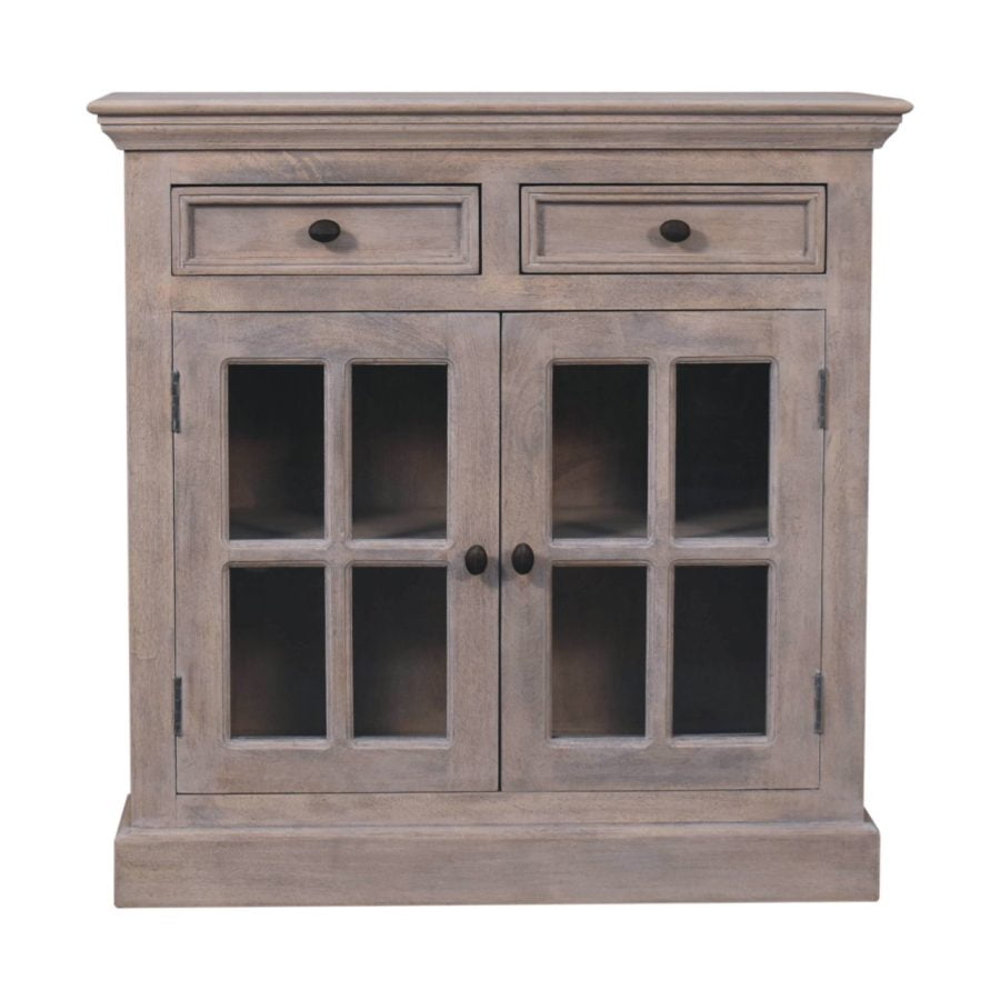 Wooden cabinet with glass doors and two drawers.