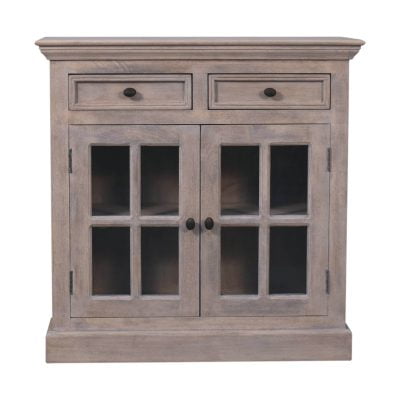 Wooden glass-door cabinet on white background.