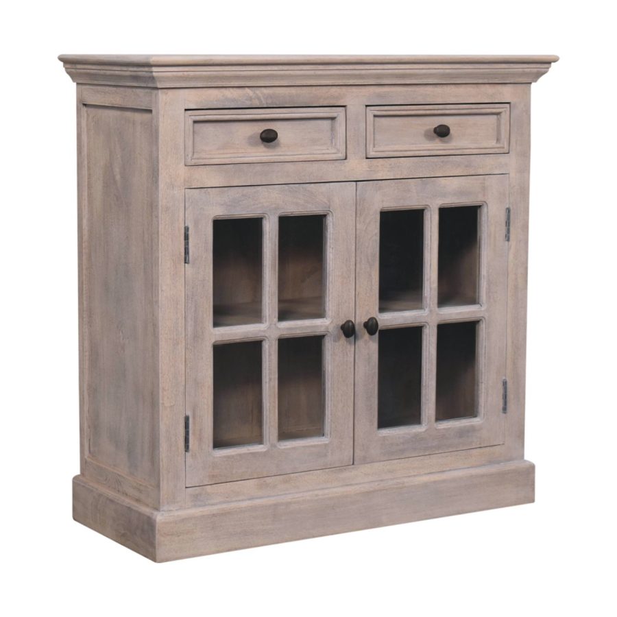 Wooden cabinet with glass doors and two drawers.