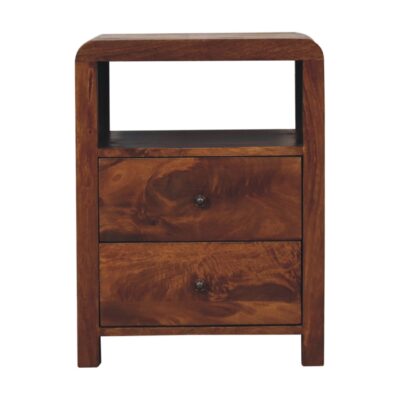 Wooden bedside table with drawers.