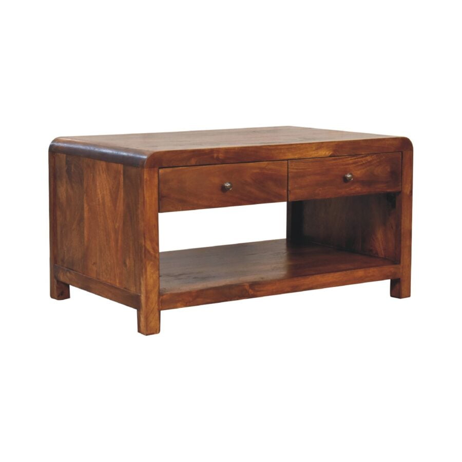 Table basse en bois avec tiroir et étagère.