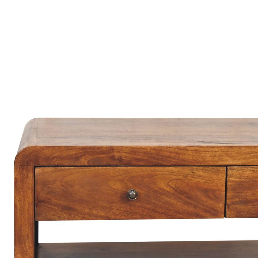 Wooden coffee table with drawer on white background.